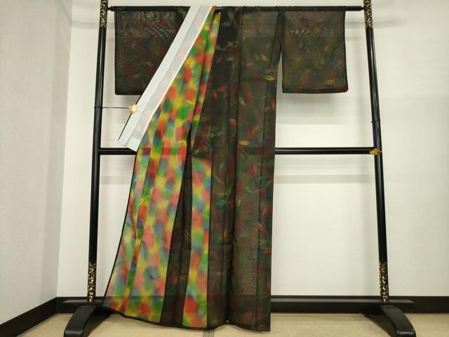 平和屋着物＊夏物　小紋　風通紗　枝葉文　黒地　正絹　逸品　AABI7149ck