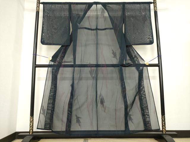 平和屋着物＊夏物　小紋　紗　幾何学文様　銀糸　正絹　逸品　AABI7150ck