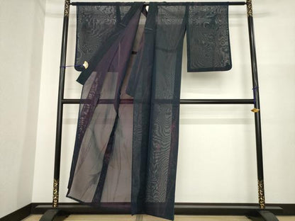 平和屋着物＊夏物　小紋　紗　幾何学文様　銀糸　正絹　逸品　AABI7150ck