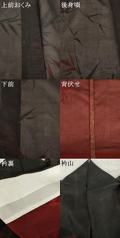 平和屋着物＊夏物　小紋　風通紗　笹竹文　黒地　正絹　逸品　AABI7153ck