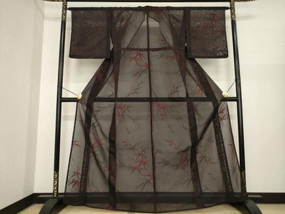 平和屋着物＊夏物　小紋　風通紗　笹竹文　黒地　正絹　逸品　AABI7153ck