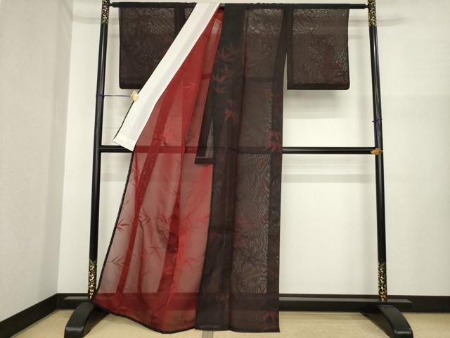 平和屋着物＊夏物　小紋　風通紗　笹竹文　黒地　正絹　逸品　AABI7153ck