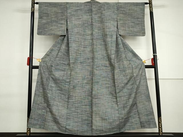 平和屋着物▽上質な紬　単衣　格子　正絹　逸品　AABI7168cs