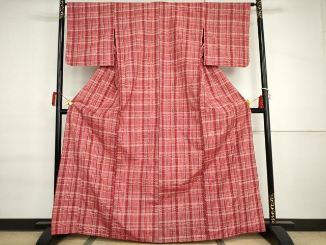 平和屋着物▽上質な紬　単衣　格子　正絹　逸品　AABI7178cs