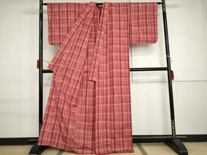 平和屋着物▽上質な紬　単衣　格子　正絹　逸品　AABI7178cs