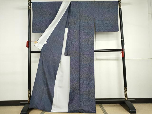 平和屋着物▽結城紬　単衣　枝葉文　証紙付き　正絹　逸品　AABI7185cs