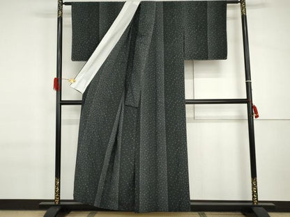平和屋着物▽本塩沢　単衣　110亀甲　黒地　正絹　逸品　未使用　AABI7187cs