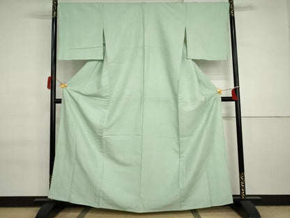 平和屋着物▽上質な紬　単衣　色無地　白緑色　正絹　逸品　AABI7191cs