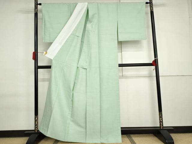 平和屋着物▽上質な紬　単衣　色無地　白緑色　正絹　逸品　AABI7191cs