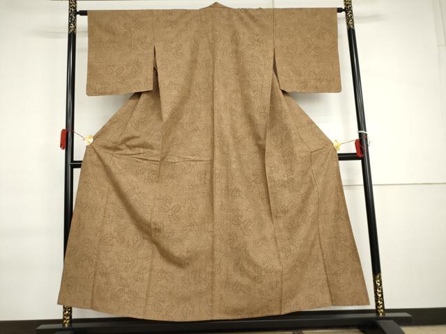平和屋着物▽上質な紬　単衣　葉尽くし　正絹　逸品　AABI7192cs