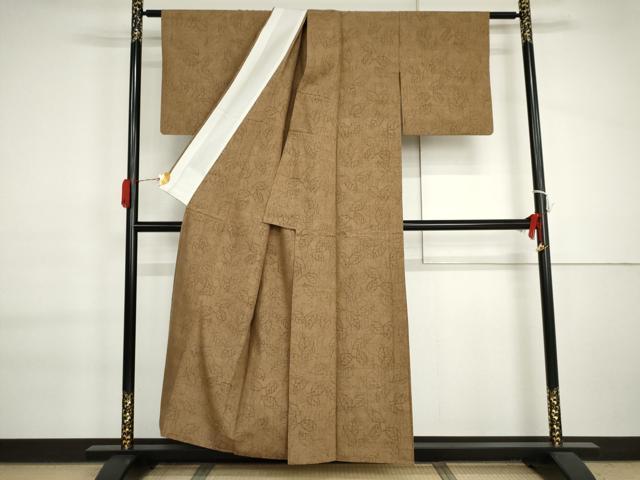 平和屋着物▽上質な紬　単衣　葉尽くし　正絹　逸品　AABI7192cs