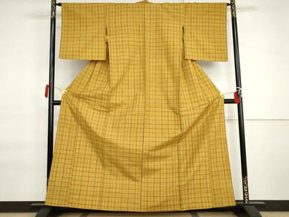 平和屋着物▽上質な紬　単衣　格子　正絹　逸品　AABI7193cs
