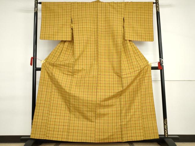 平和屋着物▽上質な紬　単衣　格子　正絹　逸品　AABI7193cs