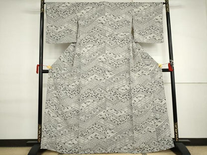 平和屋着物▽上質な小紋　単衣　花扇面楓文　鬼しぼ縮緬　正絹　逸品　AABI7195cs