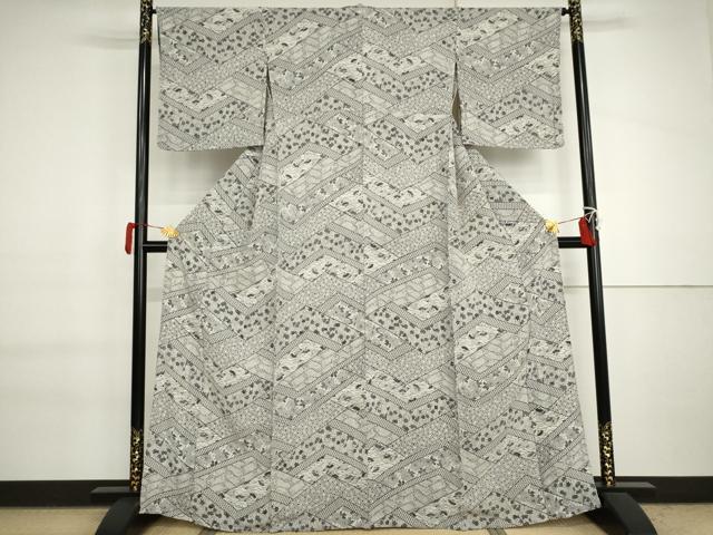 平和屋着物▽上質な小紋　単衣　花扇面楓文　鬼しぼ縮緬　正絹　逸品　AABI7195cs