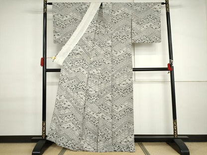 平和屋着物▽上質な小紋　単衣　花扇面楓文　鬼しぼ縮緬　正絹　逸品　AABI7195cs