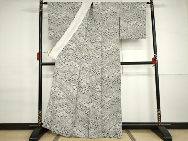 平和屋着物▽上質な小紋　単衣　花扇面楓文　鬼しぼ縮緬　正絹　逸品　AABI7195cs