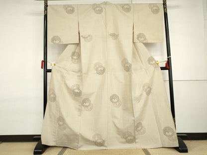平和屋着物▽上質な紬　単衣　風景絵皿文　正絹　逸品　AABI7201cs