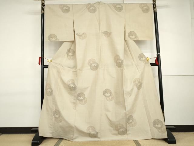 平和屋着物▽上質な紬　単衣　風景絵皿文　正絹　逸品　AABI7201cs