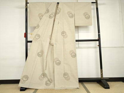 平和屋着物▽上質な紬　単衣　風景絵皿文　正絹　逸品　AABI7201cs