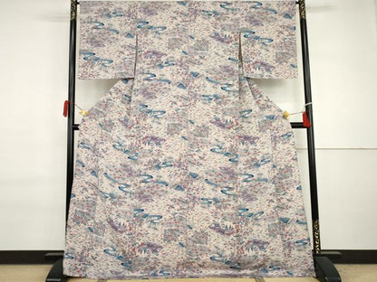 平和屋着物▽上質な小紋　単衣　風景松竹梅文　鬼しぼ縮緬　ロング丈　正絹　逸品　未使用　AABI7202cs