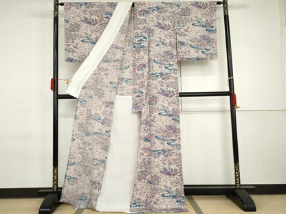 平和屋着物▽上質な小紋　単衣　風景松竹梅文　鬼しぼ縮緬　ロング丈　正絹　逸品　未使用　AABI7202cs
