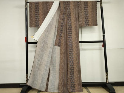 平和屋着物▽上質な紬　単衣　花唐草文　正絹　逸品　AABI7203cs