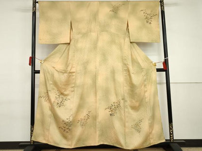 平和屋着物▽訪問着　単衣　手描き　刺繍　枝花文　暈し染め　正絹　逸品　AABI7205cs