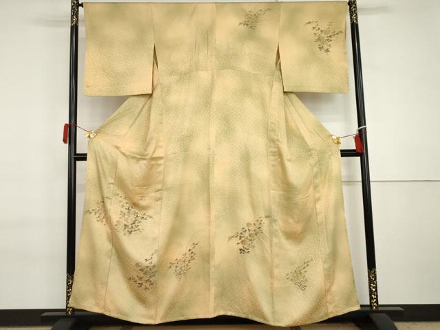 平和屋着物▽訪問着　単衣　手描き　刺繍　枝花文　暈し染め　正絹　逸品　AABI7205cs