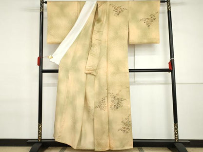 平和屋着物▽訪問着　単衣　手描き　刺繍　枝花文　暈し染め　正絹　逸品　AABI7205cs