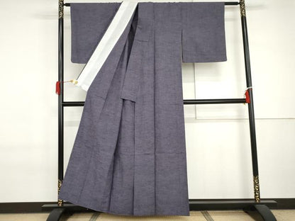 平和屋着物▽上質な紬　単衣　色無地　江戸紫色　正絹　逸品　AABI7206cs