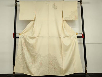 平和屋着物▽訪問着　単衣　手描き　草花文　正絹　逸品　AABI7207cs