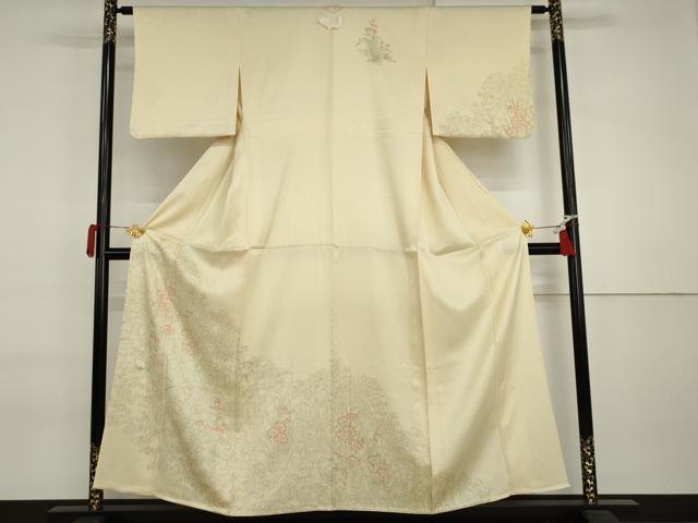 平和屋着物▽訪問着　単衣　手描き　草花文　正絹　逸品　AABI7207cs