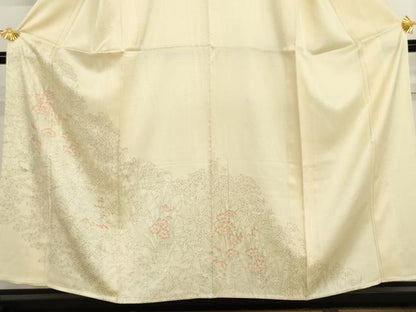 平和屋着物▽訪問着　単衣　手描き　草花文　正絹　逸品　AABI7207cs