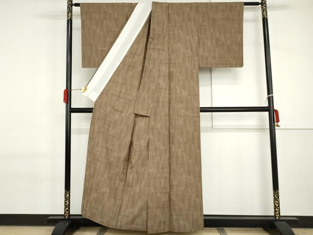 平和屋着物▽上質な紬　単衣　格子　正絹　逸品　AABI7208cs