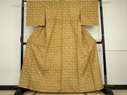 平和屋着物▽上質な紬　単衣　型染め　笹文　正絹　逸品　AABI7211cs