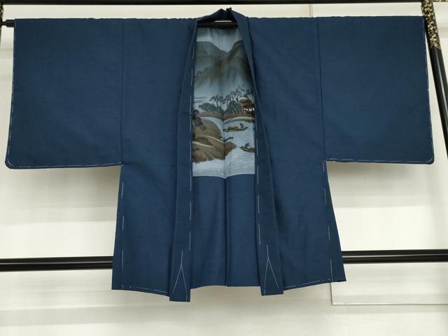 平和屋着物▽男性　小紋　単衣　アンサンブル　色無地　瑠璃紺色　AABI7213cs