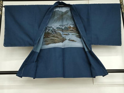平和屋着物▽男性　小紋　単衣　アンサンブル　色無地　瑠璃紺色　AABI7213cs
