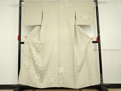 平和屋着物▽訪問着　単衣　駒刺繍　花唐草文　金彩　正絹　逸品　AABI7214cs