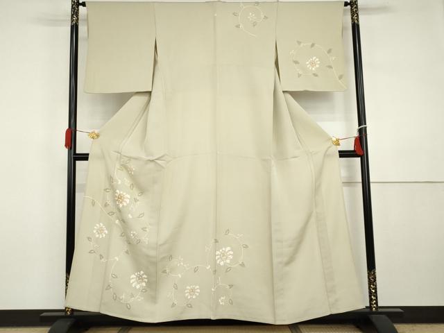 平和屋着物▽訪問着　単衣　駒刺繍　花唐草文　金彩　正絹　逸品　AABI7214cs