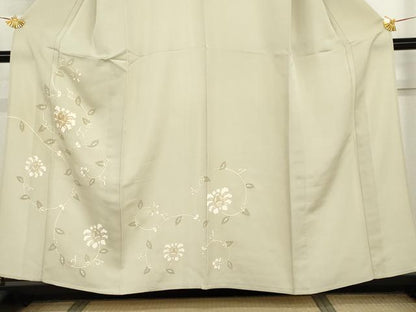 平和屋着物▽訪問着　単衣　駒刺繍　花唐草文　金彩　正絹　逸品　AABI7214cs