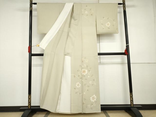 平和屋着物▽訪問着　単衣　駒刺繍　花唐草文　金彩　正絹　逸品　AABI7214cs