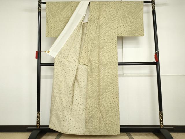 平和屋着物▽上質な紬　単衣　幾何学文様　正絹　逸品　AABI7215cs