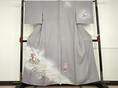 平和屋着物▽訪問着　単衣　友禅　花鳥風景文　暈し染め　金彩　正絹　逸品　AABI7218cs