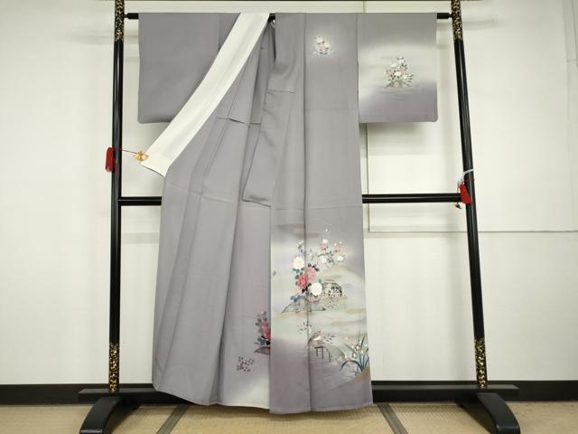 平和屋着物▽訪問着　単衣　友禅　花鳥風景文　暈し染め　金彩　正絹　逸品　AABI7218cs