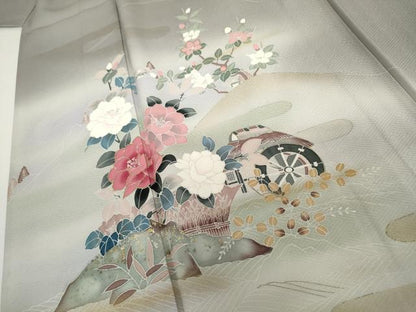平和屋着物▽訪問着　単衣　友禅　花鳥風景文　暈し染め　金彩　正絹　逸品　AABI7218cs