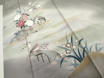 平和屋着物▽訪問着　単衣　友禅　花鳥風景文　暈し染め　金彩　正絹　逸品　AABI7218cs