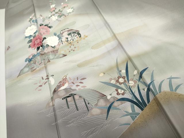 平和屋着物▽訪問着　単衣　友禅　花鳥風景文　暈し染め　金彩　正絹　逸品　AABI7218cs