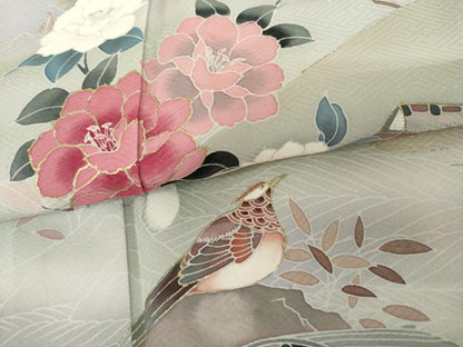 平和屋着物▽訪問着　単衣　友禅　花鳥風景文　暈し染め　金彩　正絹　逸品　AABI7218cs