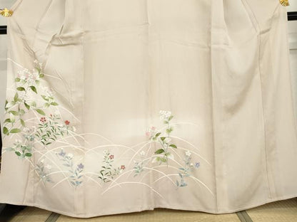 平和屋着物▽訪問着　単衣　友禅　駒刺繍　枝花文　暈し染め　銀彩　正絹　逸品　未使用　AABI7219cs